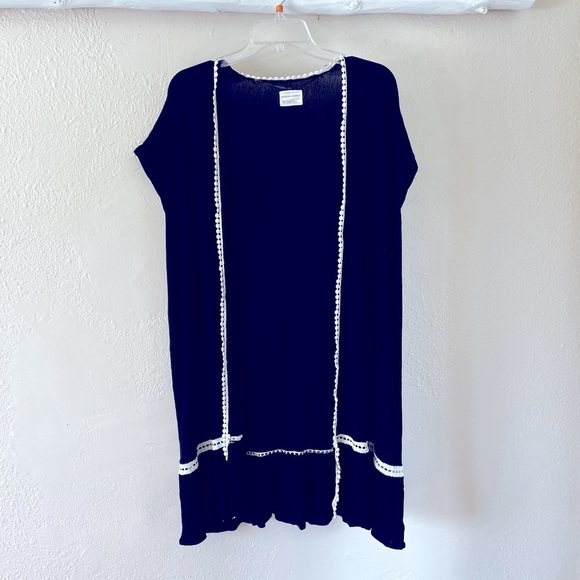 Melrose and Market | Black Crepe Crocheted Cap Sleeve Duster Cardigan, One Size - Picture 1 of 6